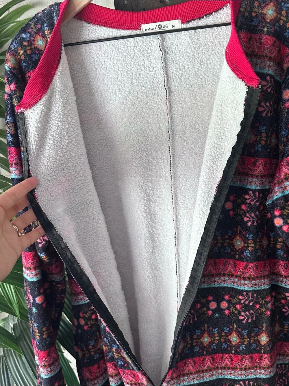 Natural Life Boho Dark Floral Patterned Fleece Cozy One-Piece Jumpsuit Size M